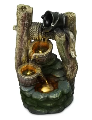 Fuente decorativa de agua rústica estilo pozo con luces LED