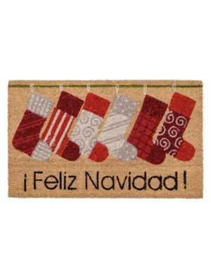 Tapete de entrada navideño de fibra de coco diseño botas Feliz Navidad