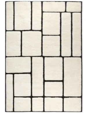 Tapete para sala moderno Athenea con diseño de bloques geométricos B&N