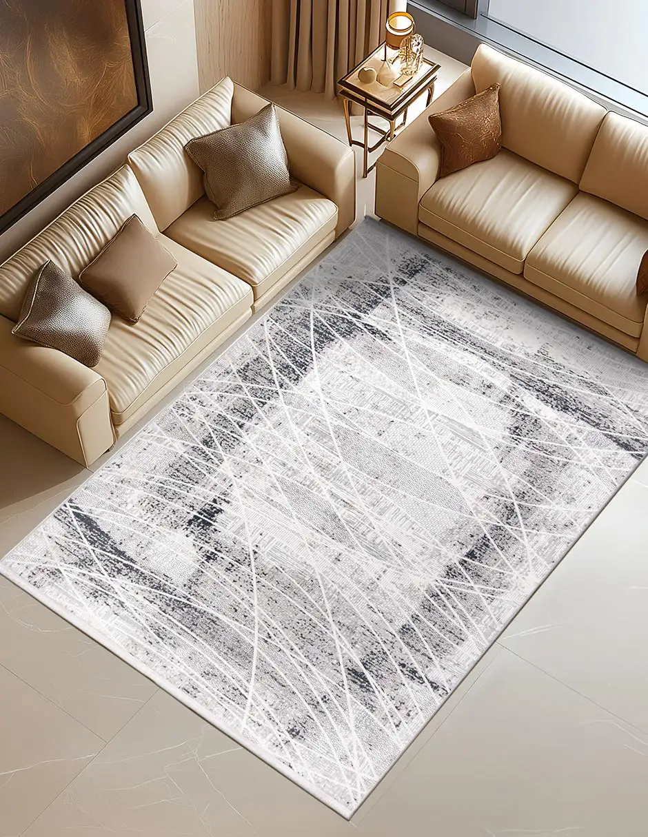 Sala iluminada con tapete moderno Boutique bajo sofás de piel crema