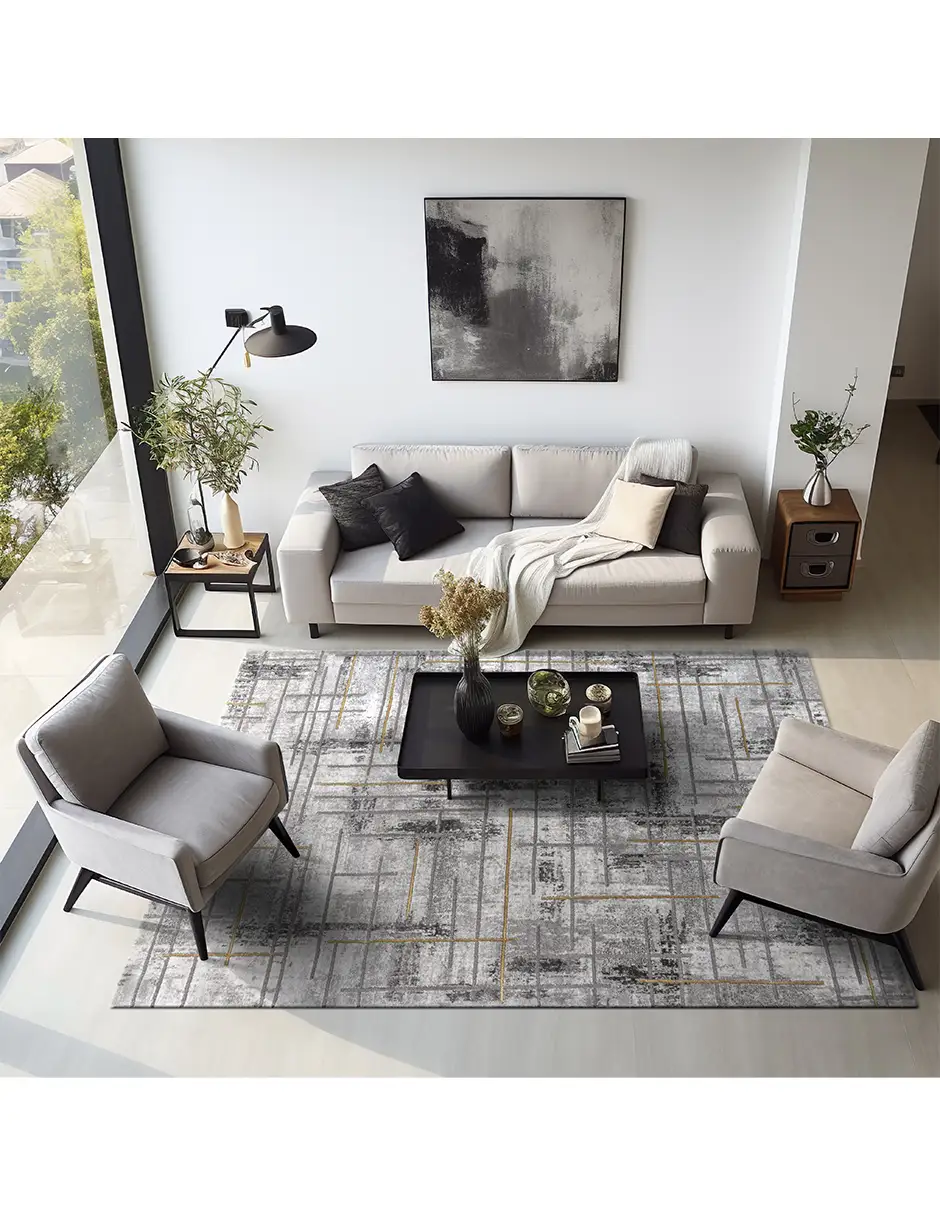 Sala elegante con tapete moderno McKenzie bajo sillones grises